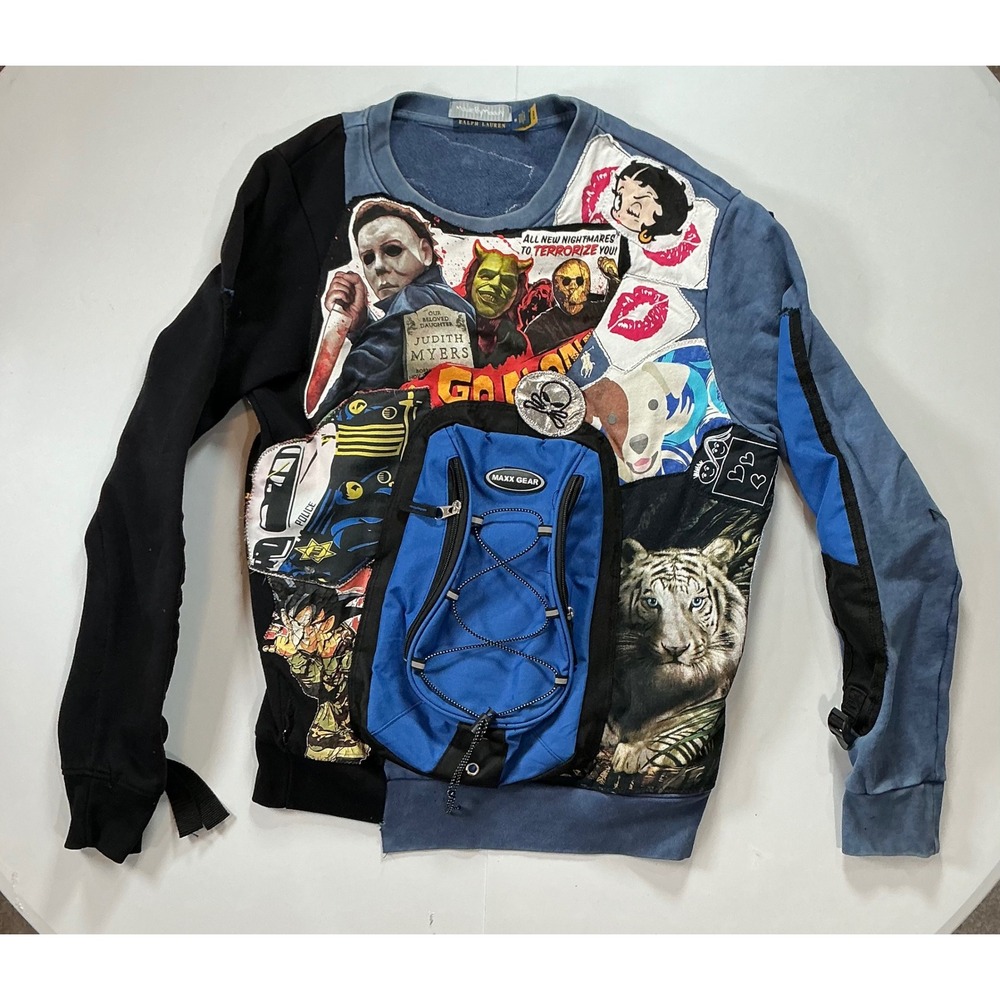 Upcycled Reworked Halloween Horror AOP Sweatshirt Mens M Patchwork Gorpcore